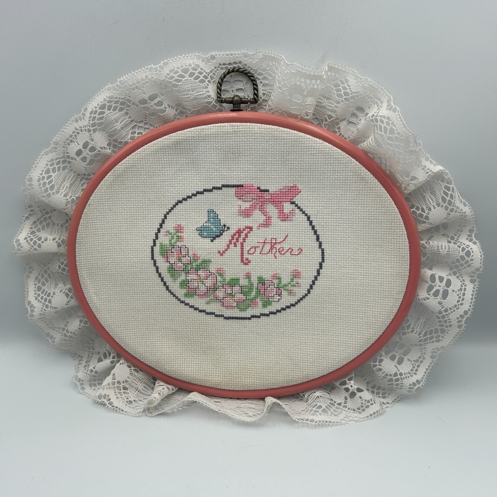 Grandmacore Mother Cross Stitch Oval Eyelet Lace Floral Country Cottage Decor
